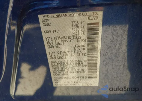 2020 Nissan Pathfinder Sv из США, поврежденный, VIN 5N1DR2BN5LC604783